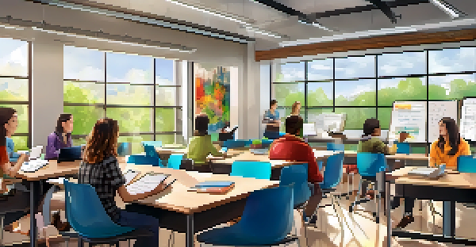 A bright classroom where students are engaged in blended learning with laptops and group discussions.