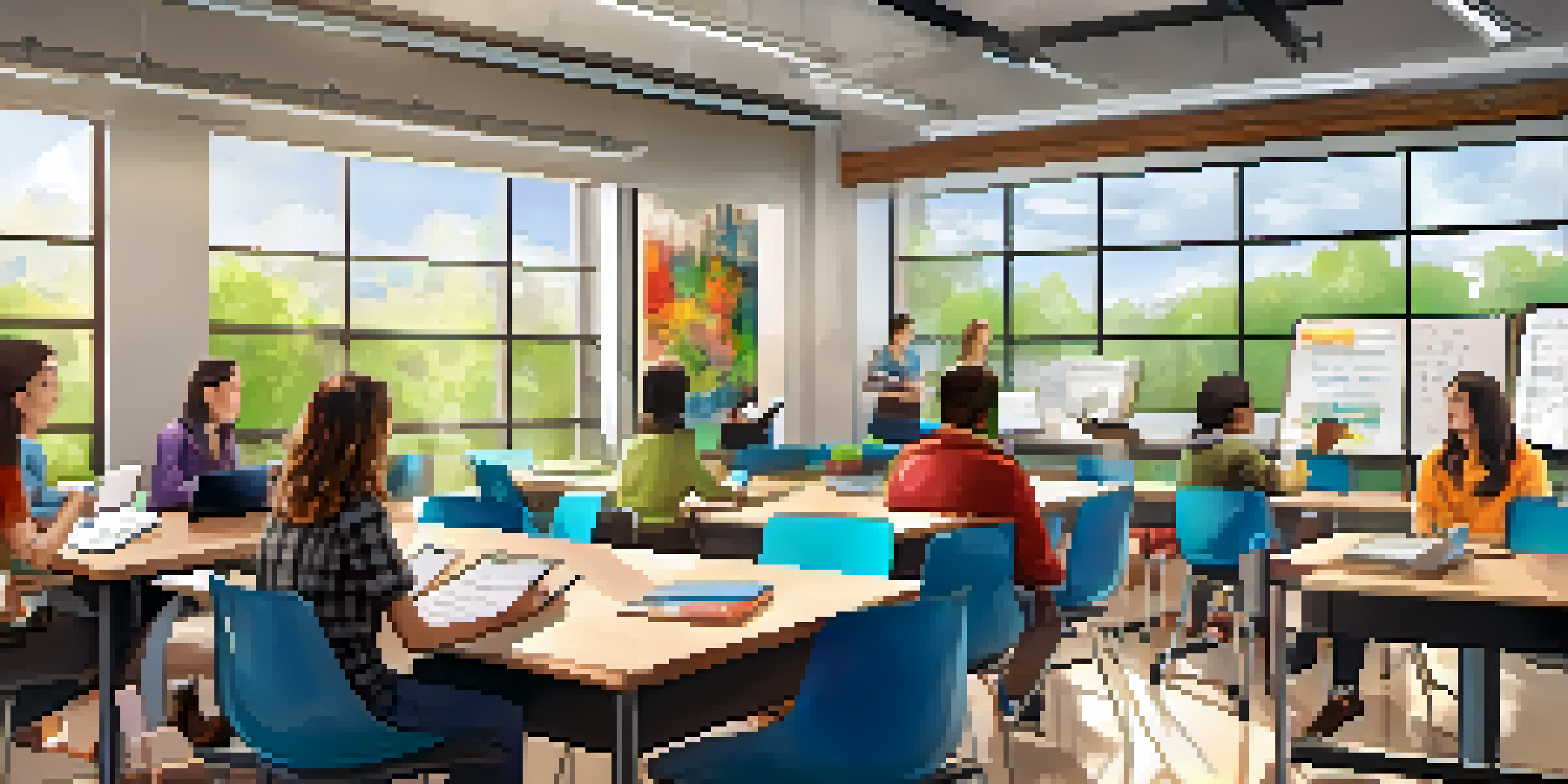 A bright classroom where students are engaged in blended learning with laptops and group discussions.