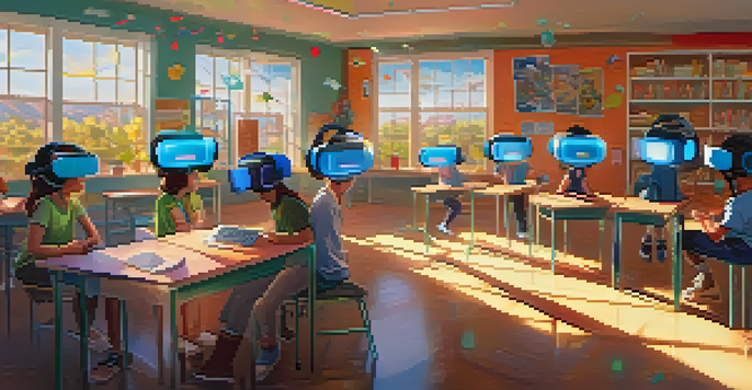 Students in a bright classroom wearing virtual reality headsets, exploring an ethical dilemma in an immersive digital environment.