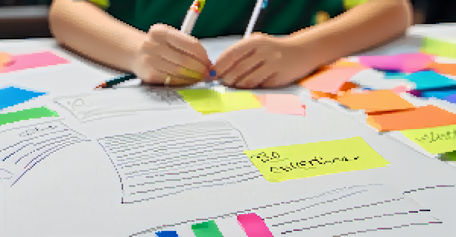 A student's hands writing on a whiteboard surrounded by colorful sticky notes, with a creative classroom environment in the background.