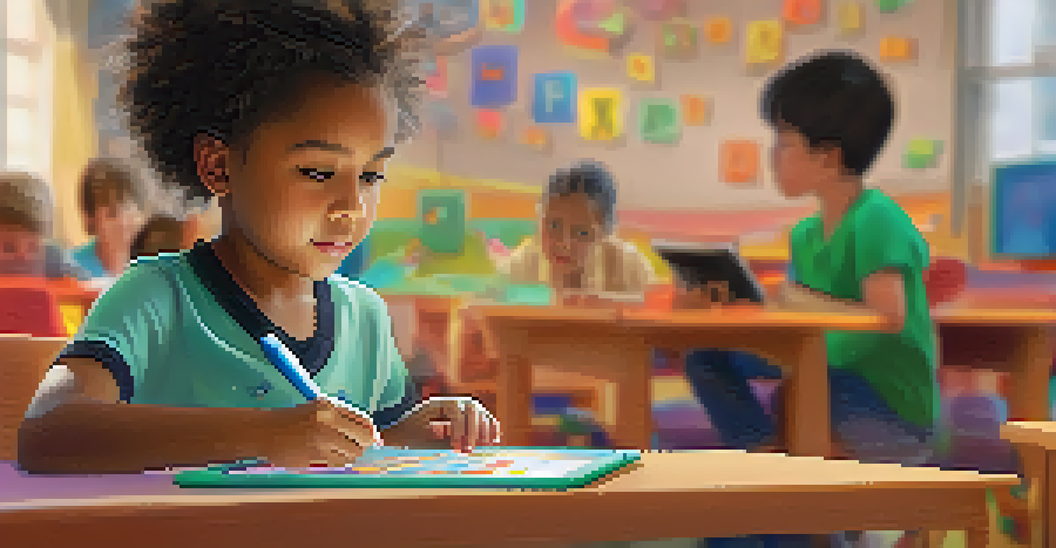 A child looking intently at a tablet displaying educational content, surrounded by a colorful classroom filled with learning materials.