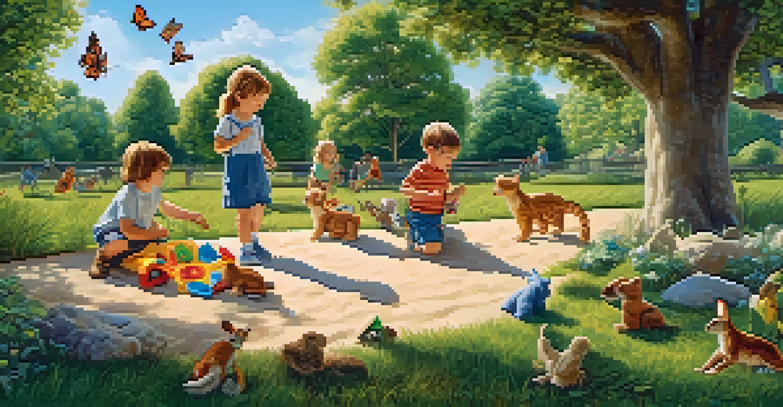 Children playing in a nature-themed area, exploring animal figurines and enjoying the outdoors, with trees and a clear blue sky in the background.