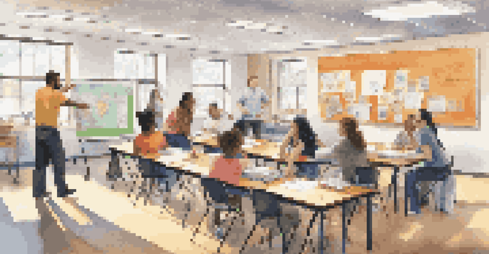 A diverse group of new teachers participating in a collaborative professional development workshop in a bright, colorful classroom.