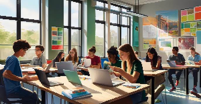 A group of diverse students working together with mobile devices in a modern classroom, filled with natural light and colorful decorations.