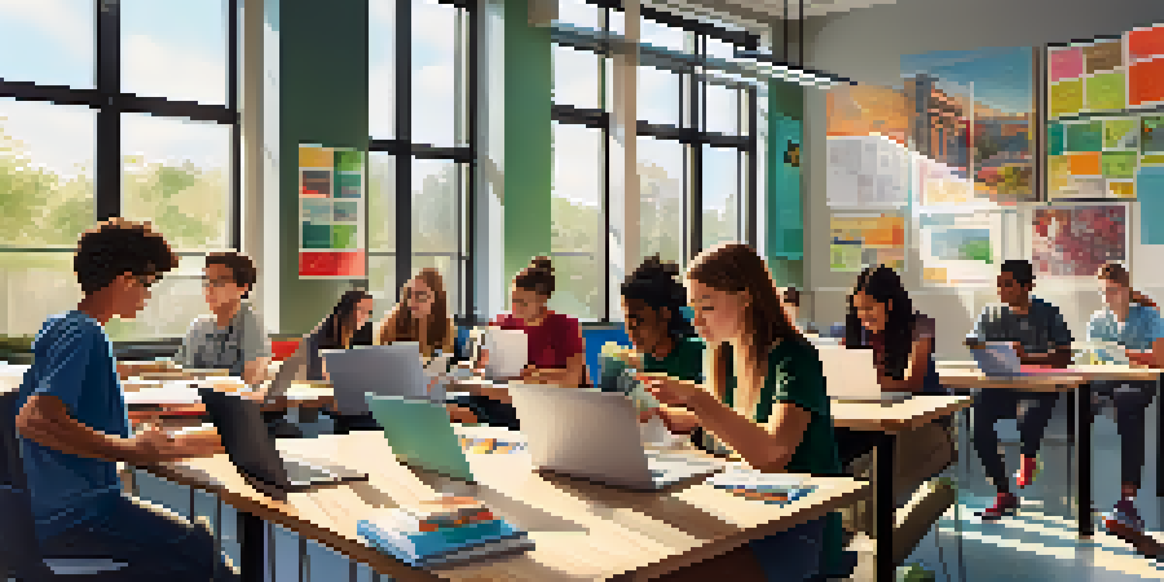 A group of diverse students working together with mobile devices in a modern classroom, filled with natural light and colorful decorations.