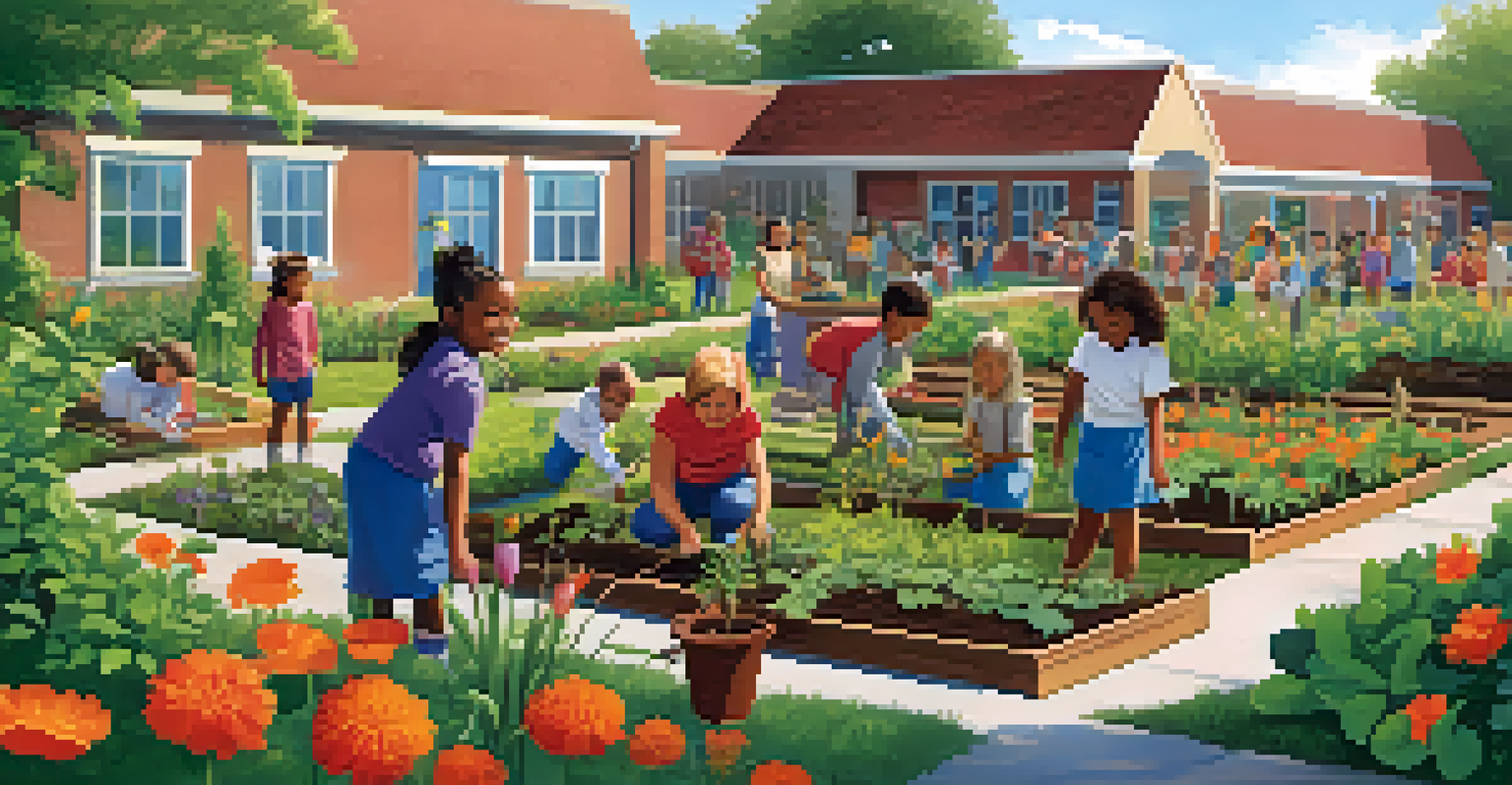 Children and teachers planting seeds together in a vibrant community garden under a clear blue sky.