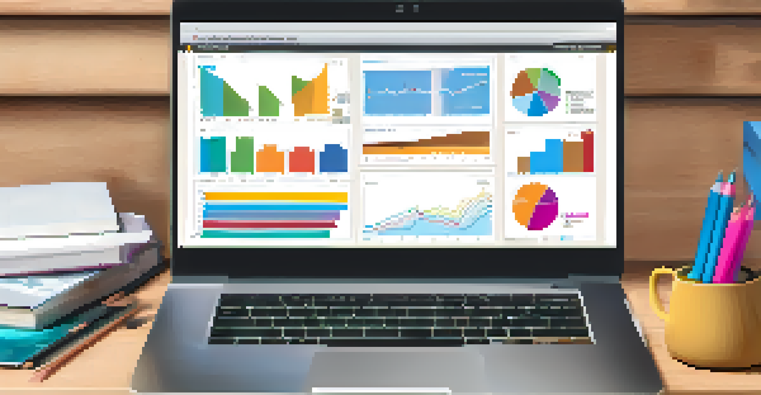 A laptop displaying a learning management system dashboard with colorful charts, surrounded by a neat workspace.
