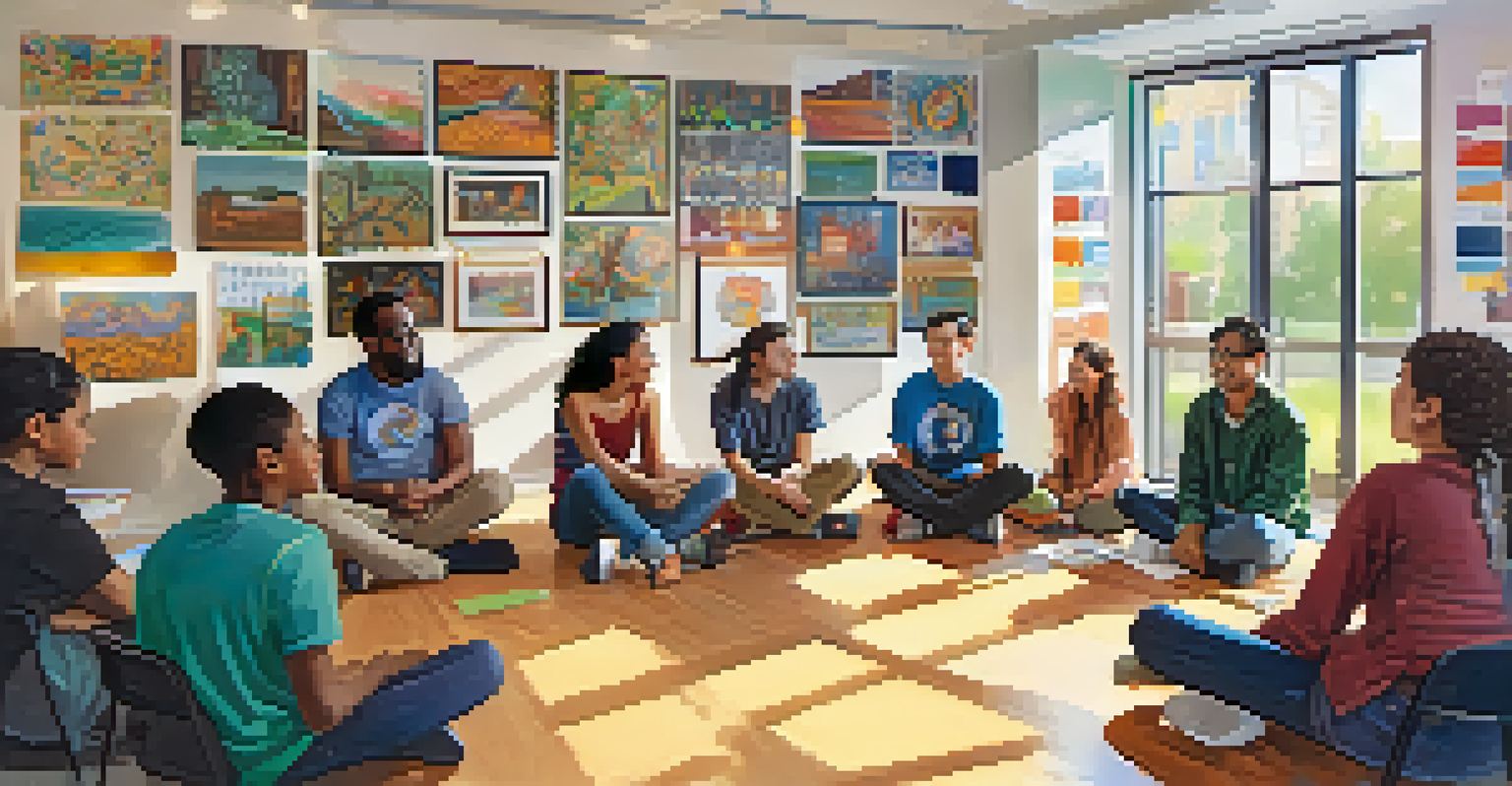 A workshop with students sitting in a circle, discussing ideas while an alumnus shares insights at the front, creating a lively and collaborative atmosphere.