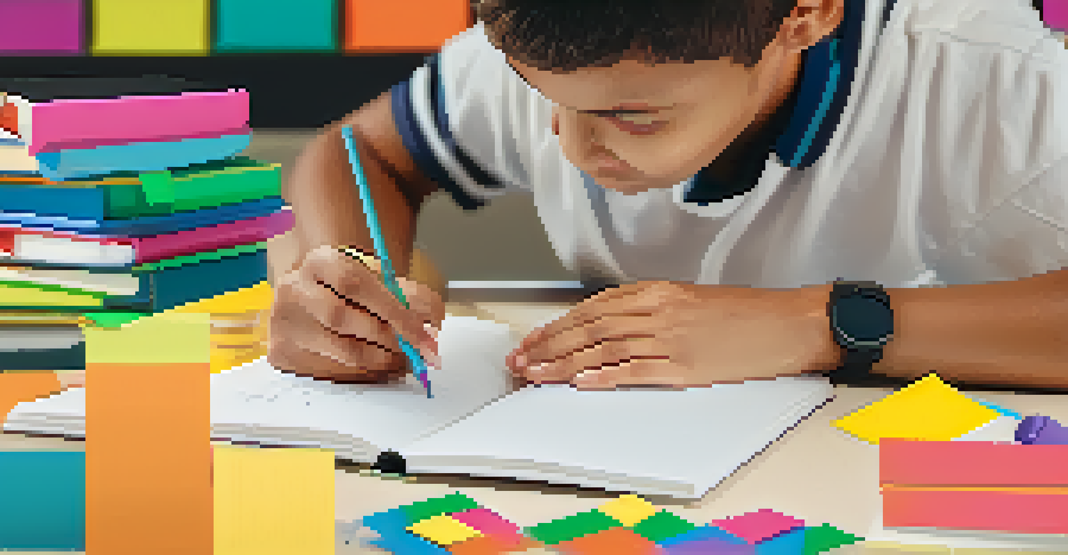 A close-up view of a student's hands taking notes in a notebook, with colorful sticky notes and educational materials around them.