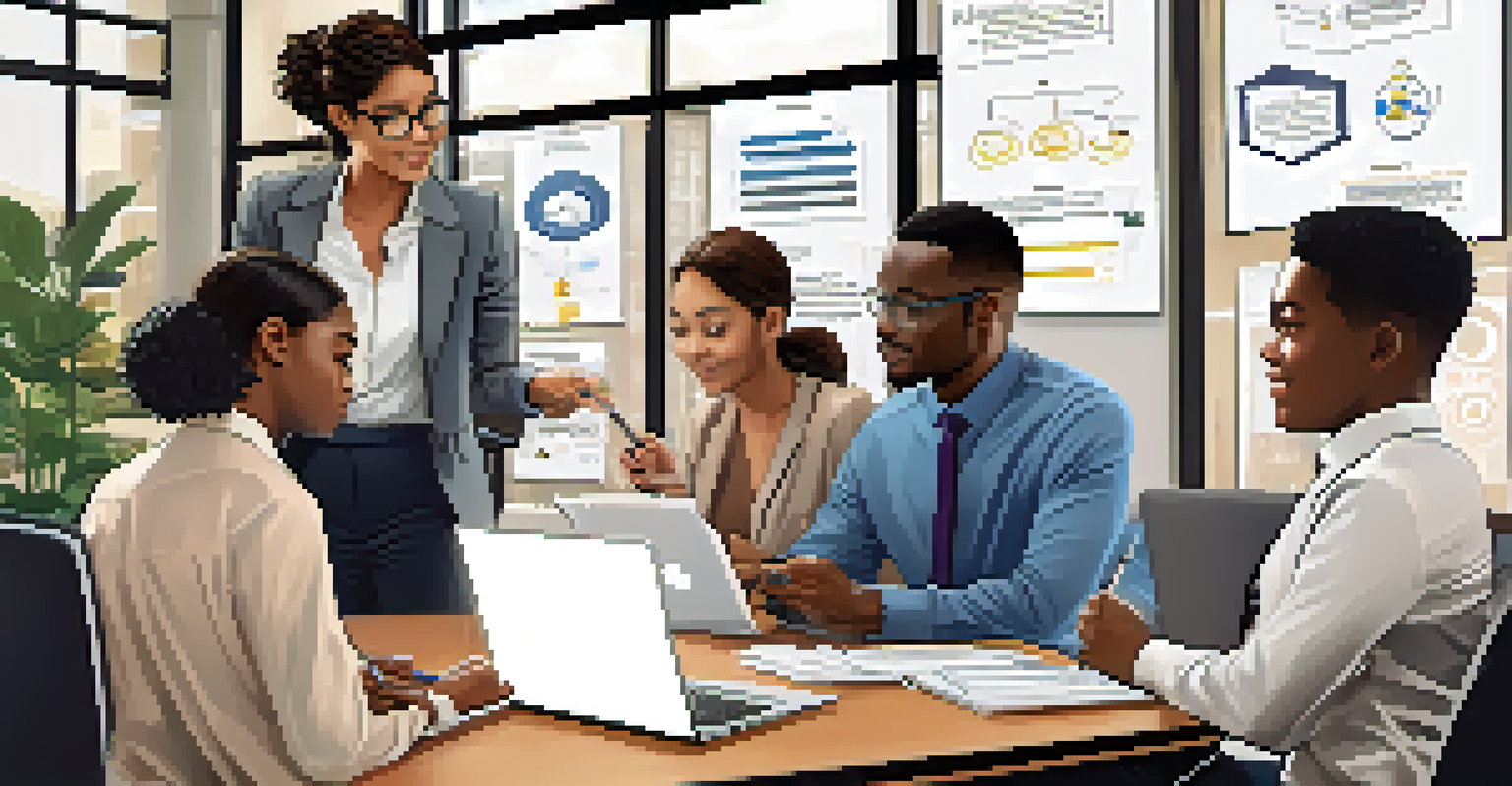 A mentor guiding students in a modern office, discussing a business plan with a laptop open and notes being taken.
