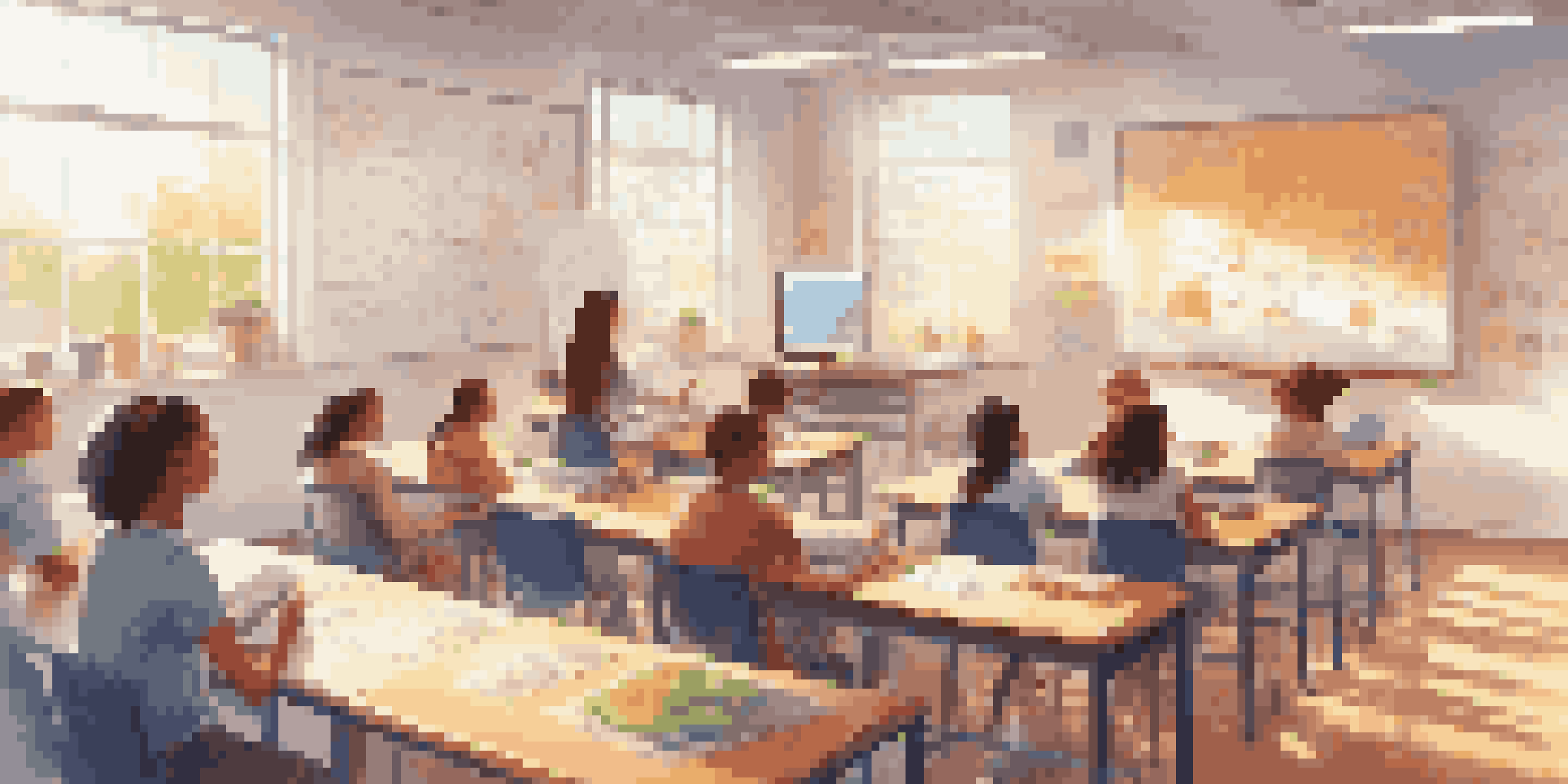 A vibrant classroom with students engaged in digital learning, utilizing devices with a teacher providing guidance.