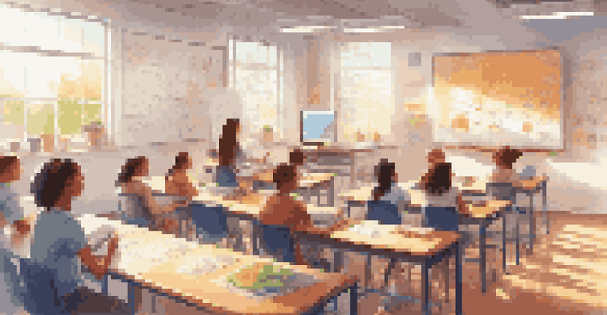 A vibrant classroom with students engaged in digital learning, utilizing devices with a teacher providing guidance.