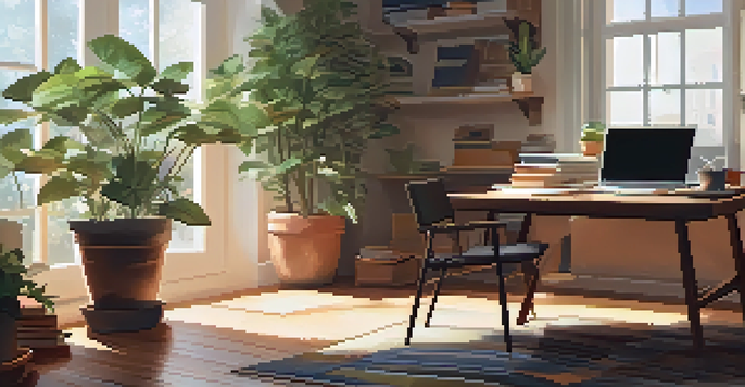 A cozy home study area with a laptop, books, coffee, and a potted plant illuminated by morning light.