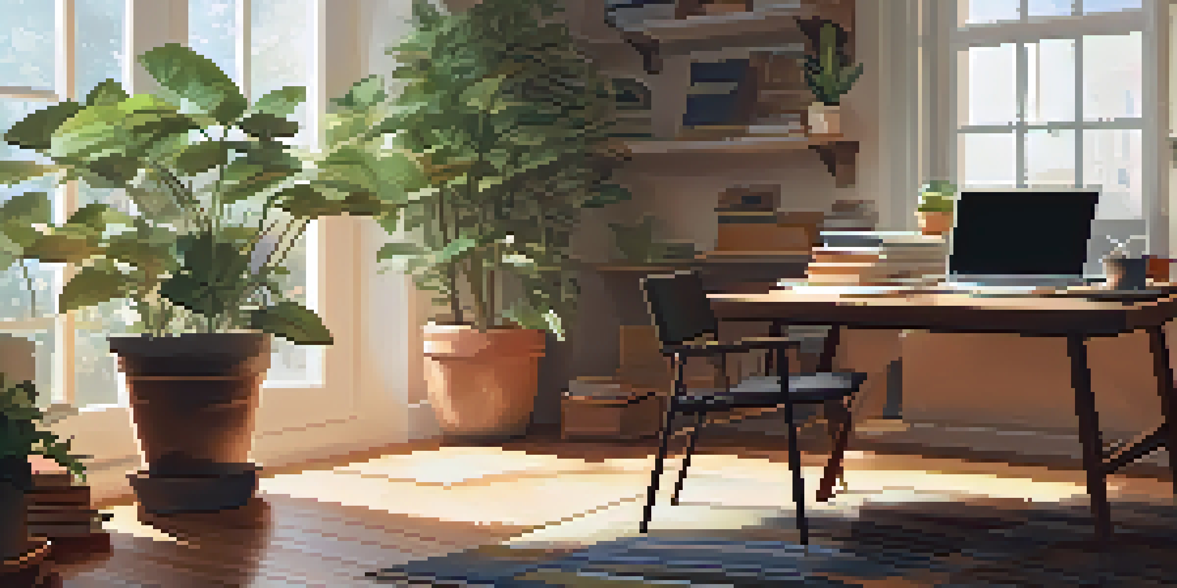 A cozy home study area with a laptop, books, coffee, and a potted plant illuminated by morning light.