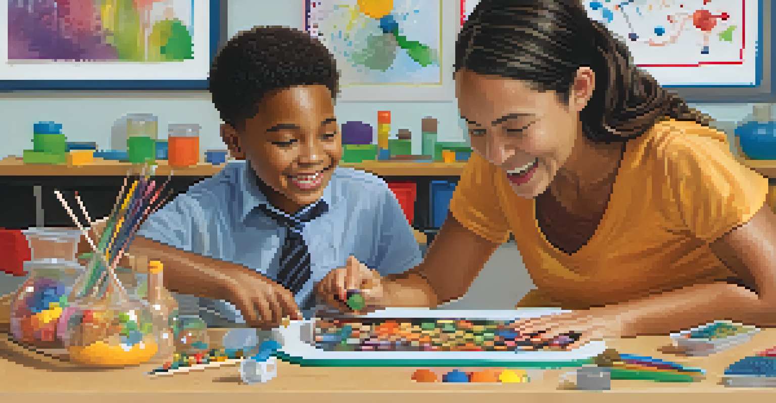 A teacher smiling at a student exploring sensory materials on a table, with various textured objects around them.