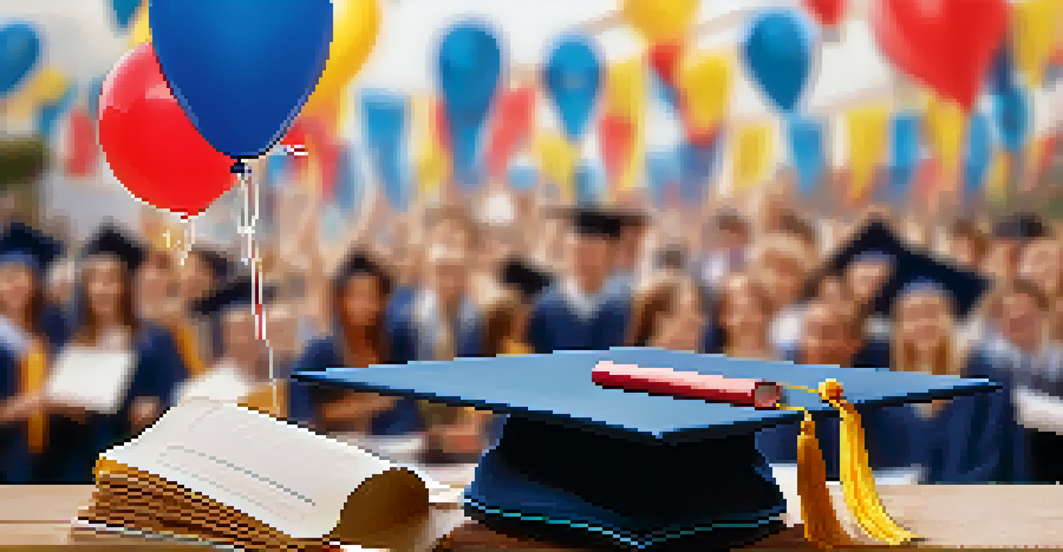 A close-up of a graduation cap and diploma on a table, with a blurred background of a celebratory graduation ceremony.
