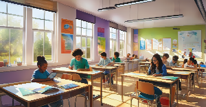 A vibrant classroom with diverse students actively participating in adaptive learning, using technology and engaging in group activities, with sunlight illuminating the space.
