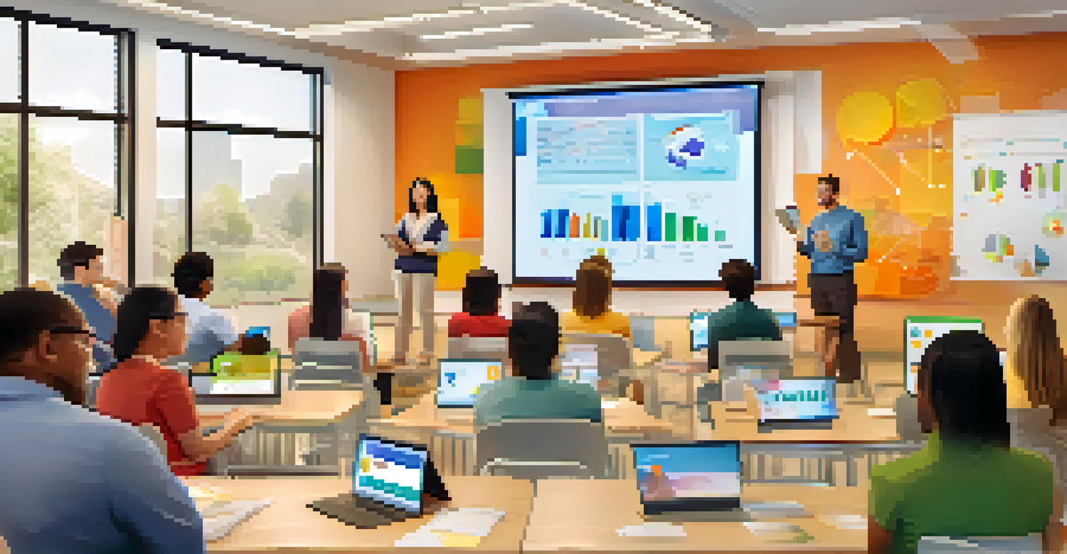 Teachers engaged in a gamified training session using tablets in an interactive learning environment.