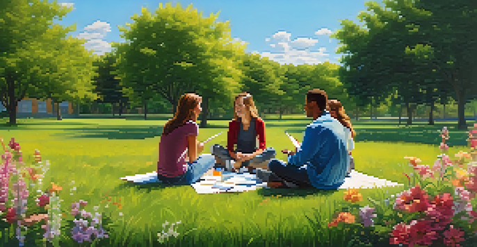 Students sitting on a grassy field in an outdoor study group, discussing ideas and goals with a vibrant background.