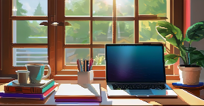 A bright home office with a desk, laptop, coffee cup, and plants, illuminated by sunlight.