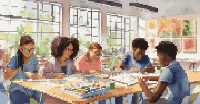 A diverse group of students working together at a table in a bright classroom filled with art supplies and laptops, with sunlight streaming in through windows.