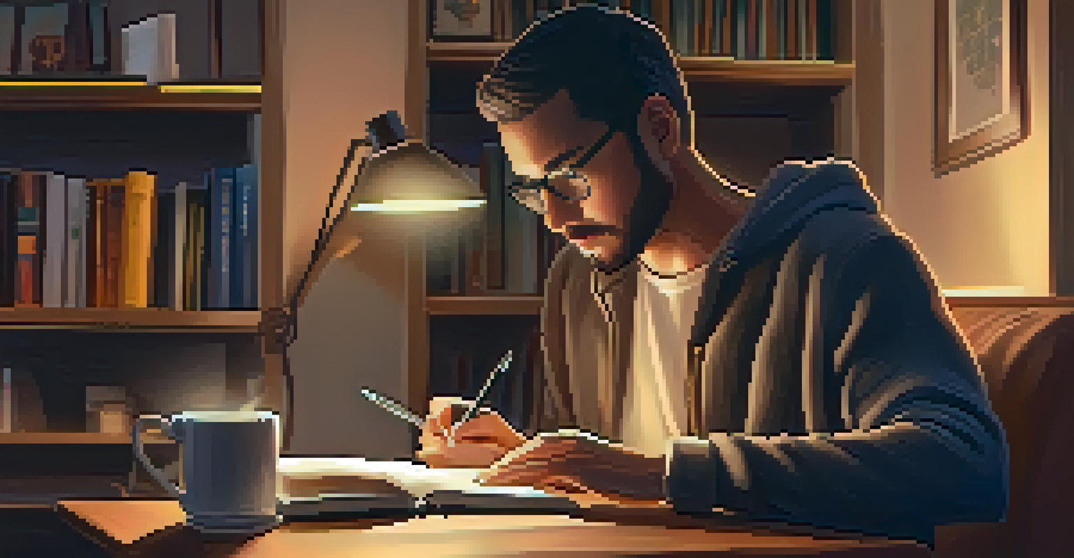 An adult learner sitting at home with a tablet and notebook, engaged in a digital assessment in a cozy environment.