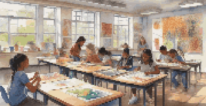 A diverse group of students in a bright classroom working on an art project, with colorful materials and art displayed on the walls.