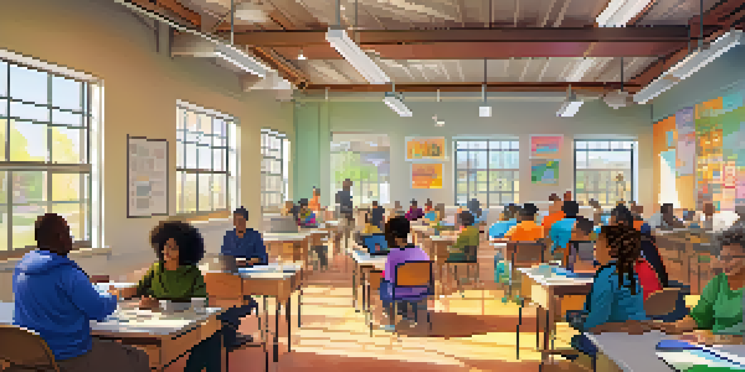 A community center where diverse individuals participate in a digital literacy workshop, surrounded by laptops and educational materials, with sunlight streaming in from large windows.
