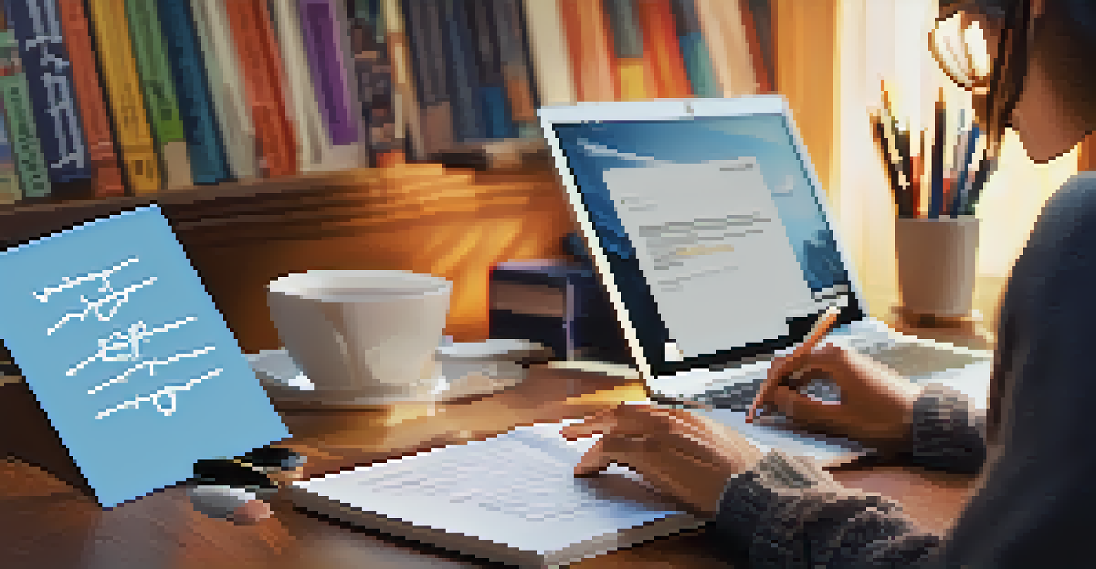 Close-up of an adult learner's hands typing on a laptop surrounded by books and coffee in a cozy study setting.