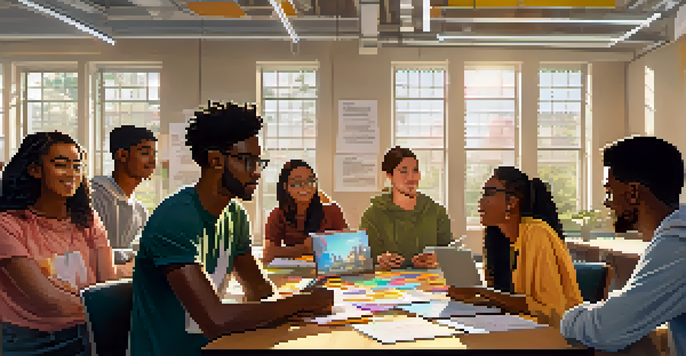 A group of diverse university students collaborating on a project at a table, with laptops and colorful sticky notes around them in a bright classroom.