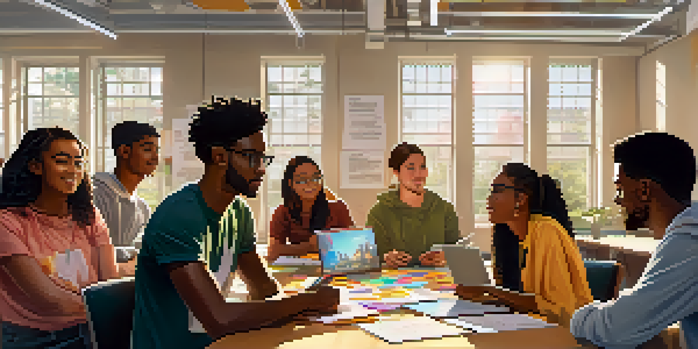 A group of diverse university students collaborating on a project at a table, with laptops and colorful sticky notes around them in a bright classroom.