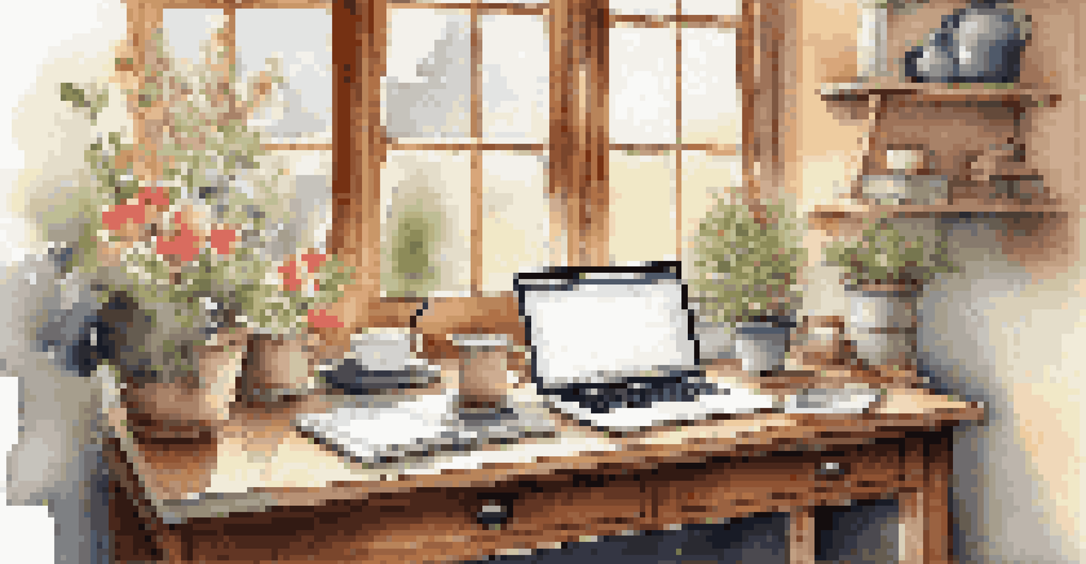 A cozy workspace with a wooden desk, a laptop, a cup of coffee, and an open notebook, illuminated by natural light from a window overlooking a garden.