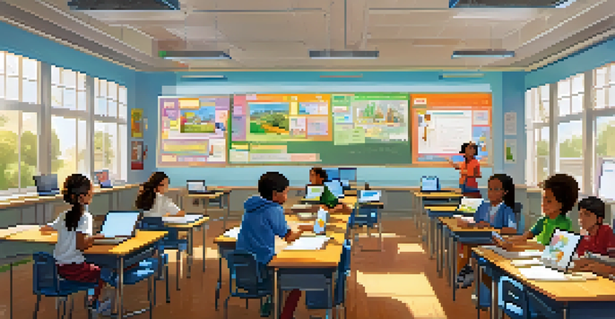 A classroom with students using laptops and a teacher interacting with a digital whiteboard, under natural light.