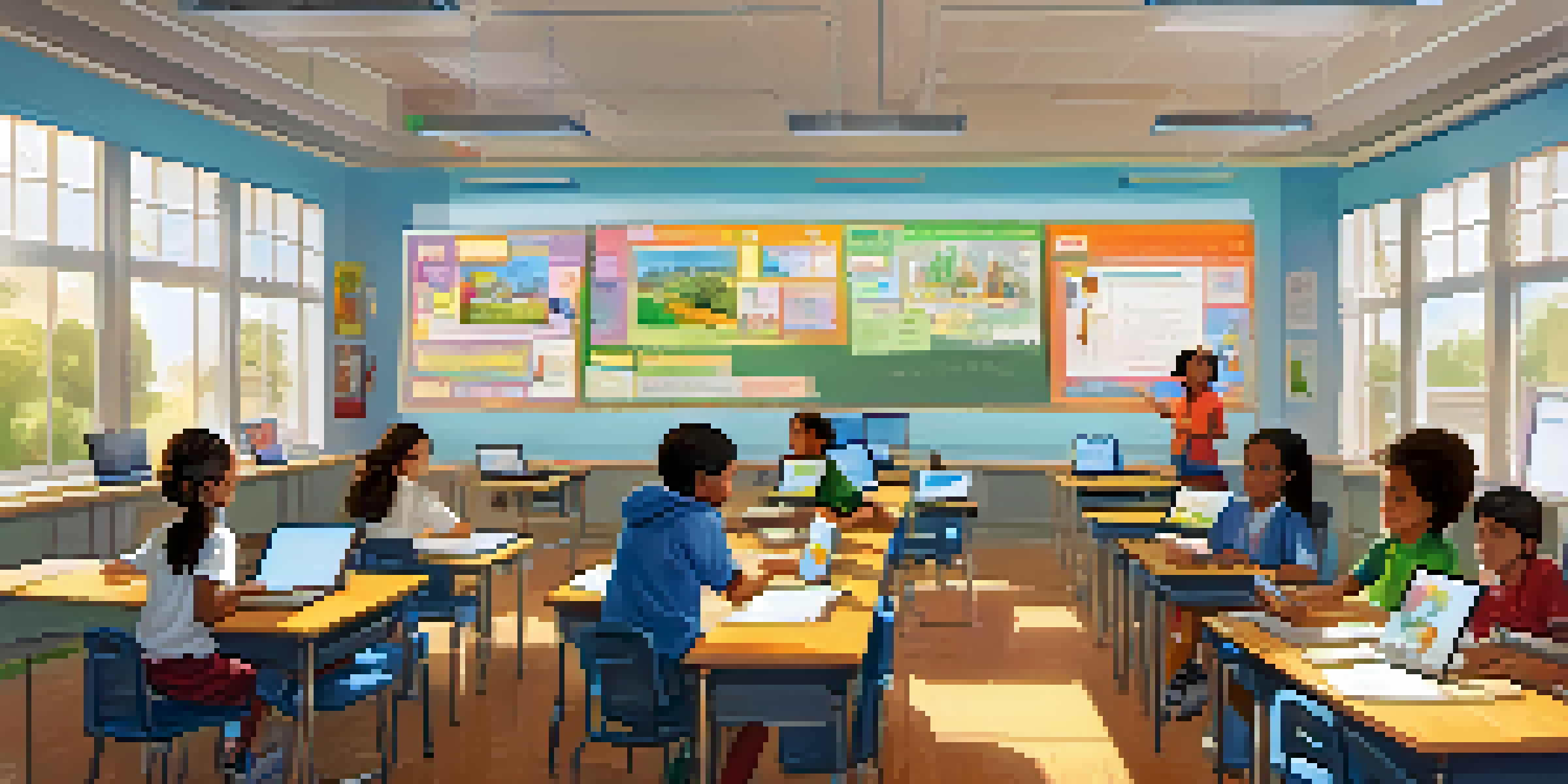A classroom with students using laptops and a teacher interacting with a digital whiteboard, under natural light.