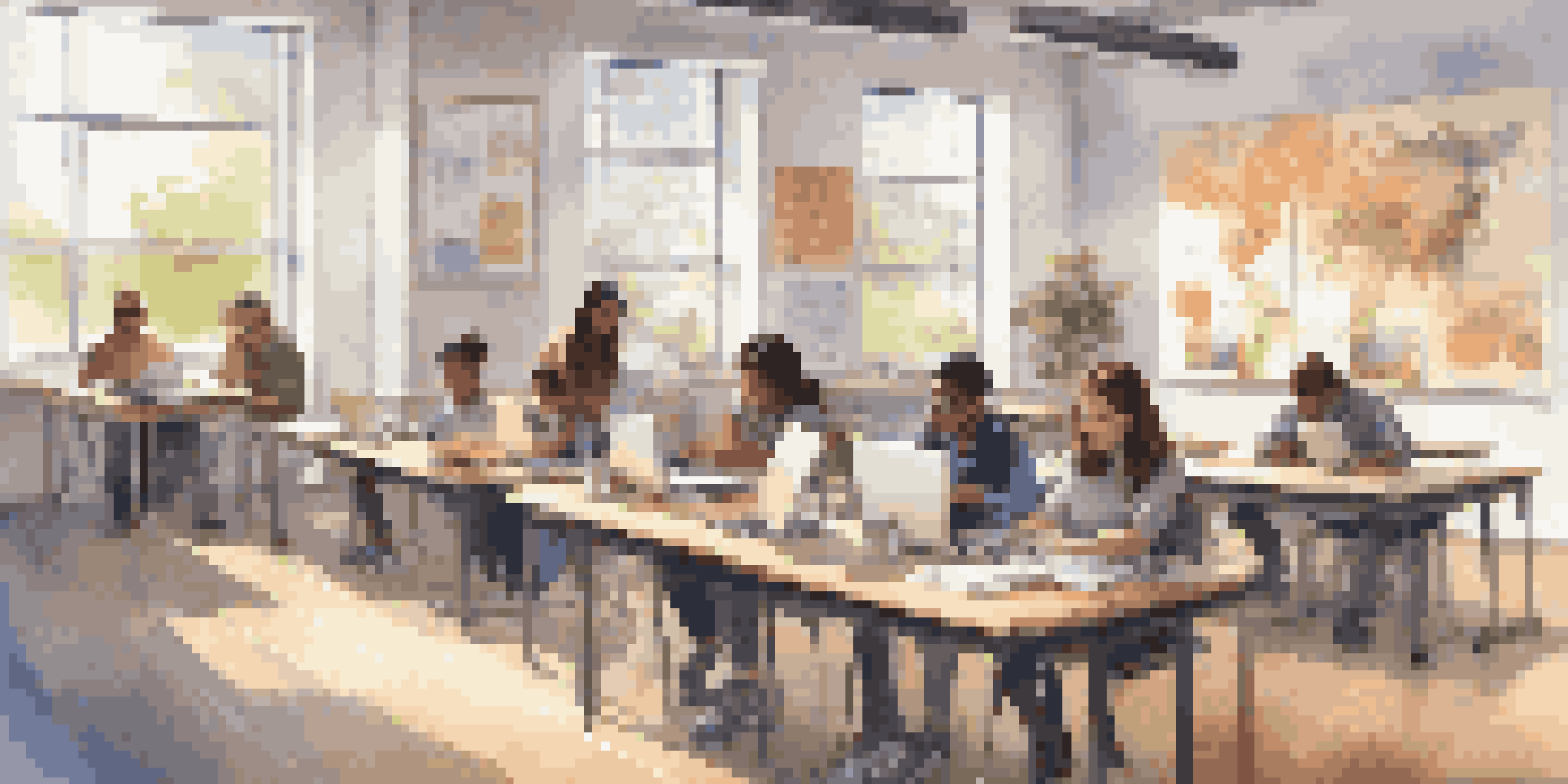A diverse group of students in a modern classroom, using laptops and tablets while collaborating on a project, with bright natural light and educational posters around them.
