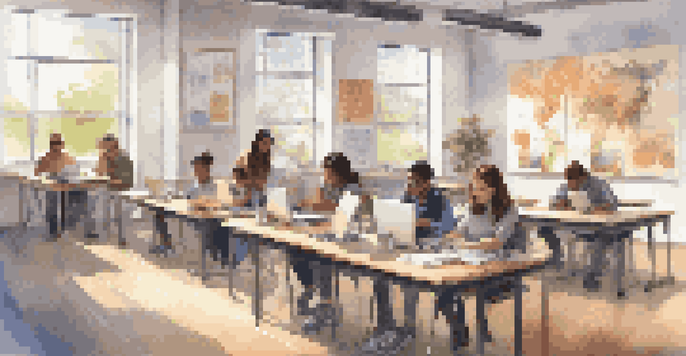 A diverse group of students in a modern classroom, using laptops and tablets while collaborating on a project, with bright natural light and educational posters around them.