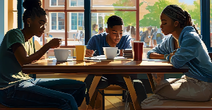 A diverse group of college students studying together at a table in a café, surrounded by textbooks and laptops, with warm sunlight streaming in.