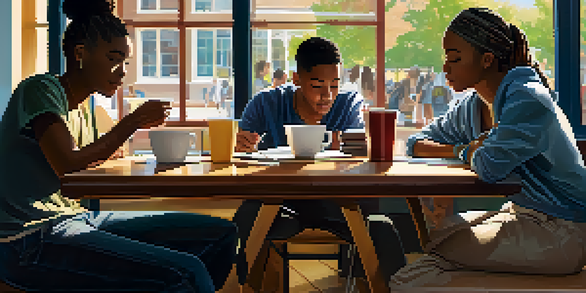 A diverse group of college students studying together at a table in a café, surrounded by textbooks and laptops, with warm sunlight streaming in.