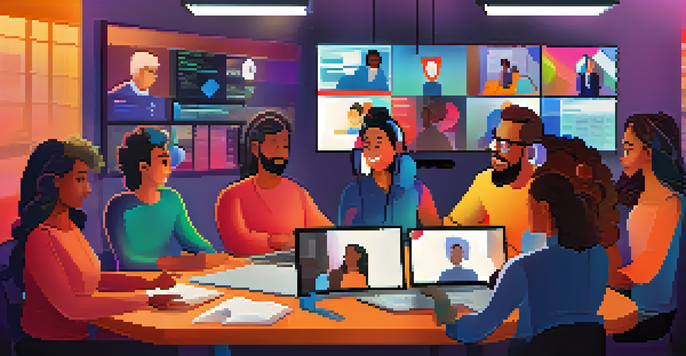 A diverse group of people participating in a lively video conference, with colorful digital elements in the background symbolizing connection.