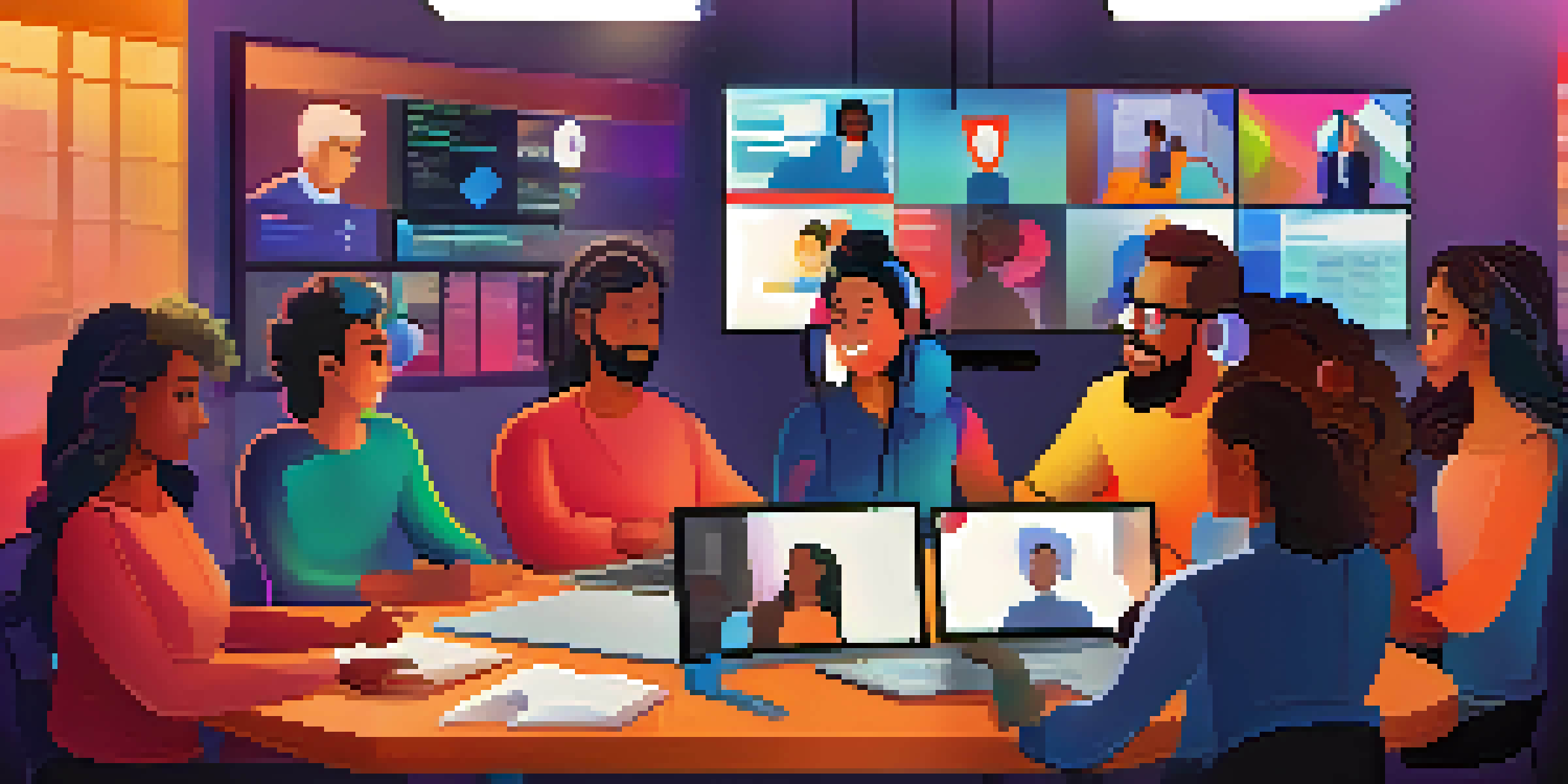 A diverse group of people participating in a lively video conference, with colorful digital elements in the background symbolizing connection.