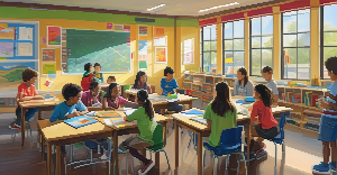 A lively classroom with students engaged in collaborative discussions, surrounded by books and art supplies, illuminated by sunlight.
