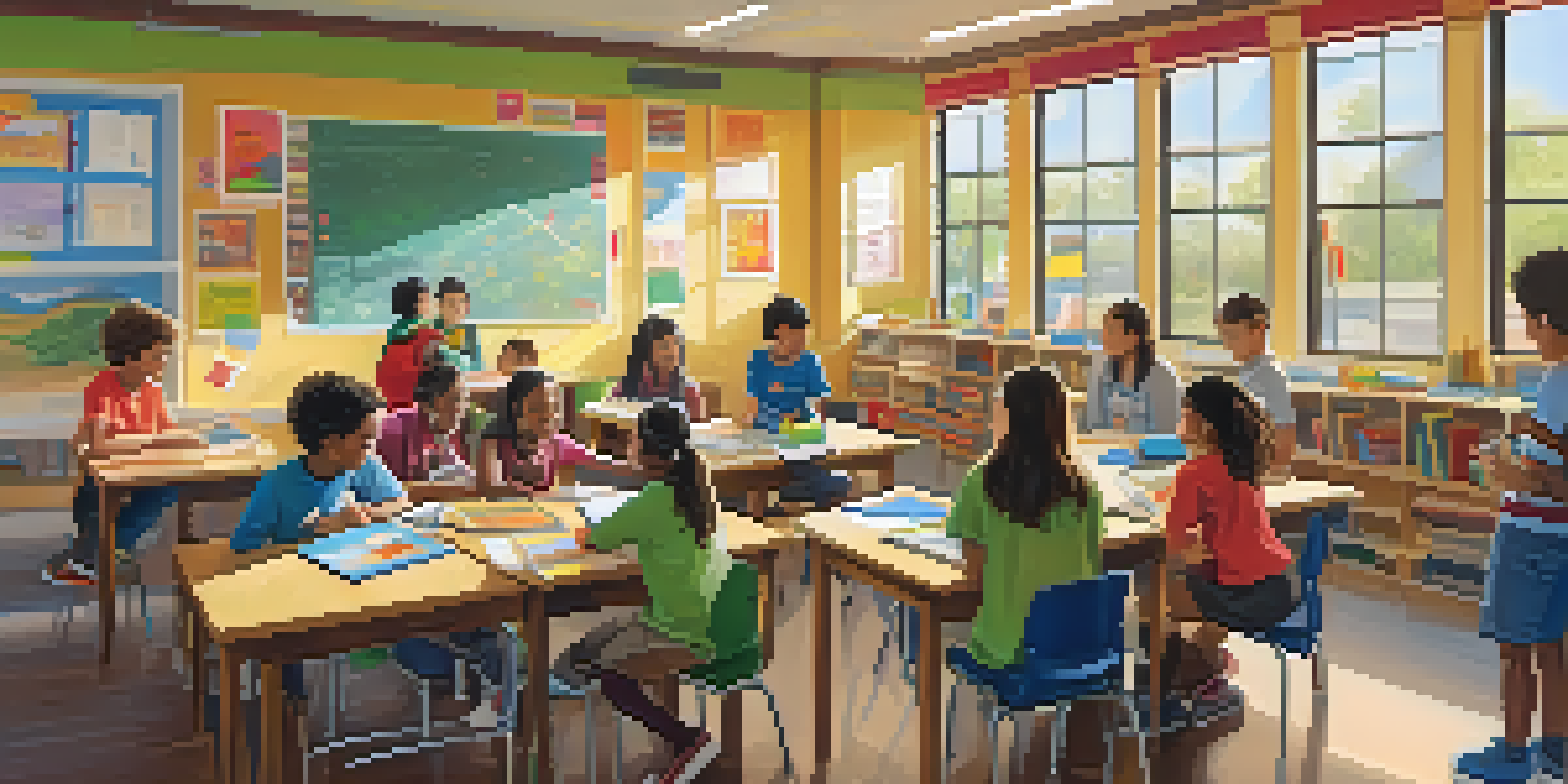 A lively classroom with students engaged in collaborative discussions, surrounded by books and art supplies, illuminated by sunlight.