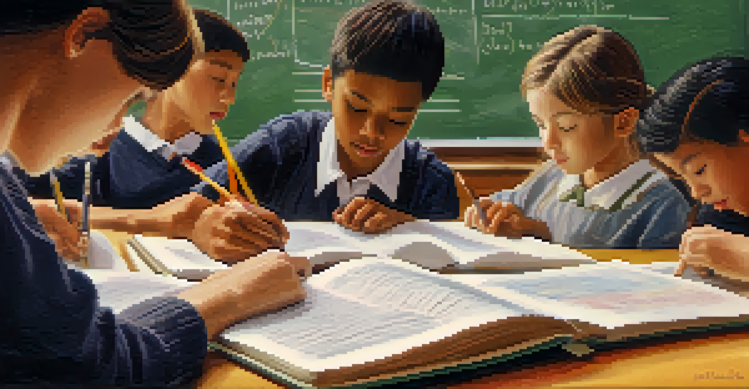 A close-up of a teacher writing on a chalkboard about cultural influences in literature, with a classroom filled with diverse books in the background.