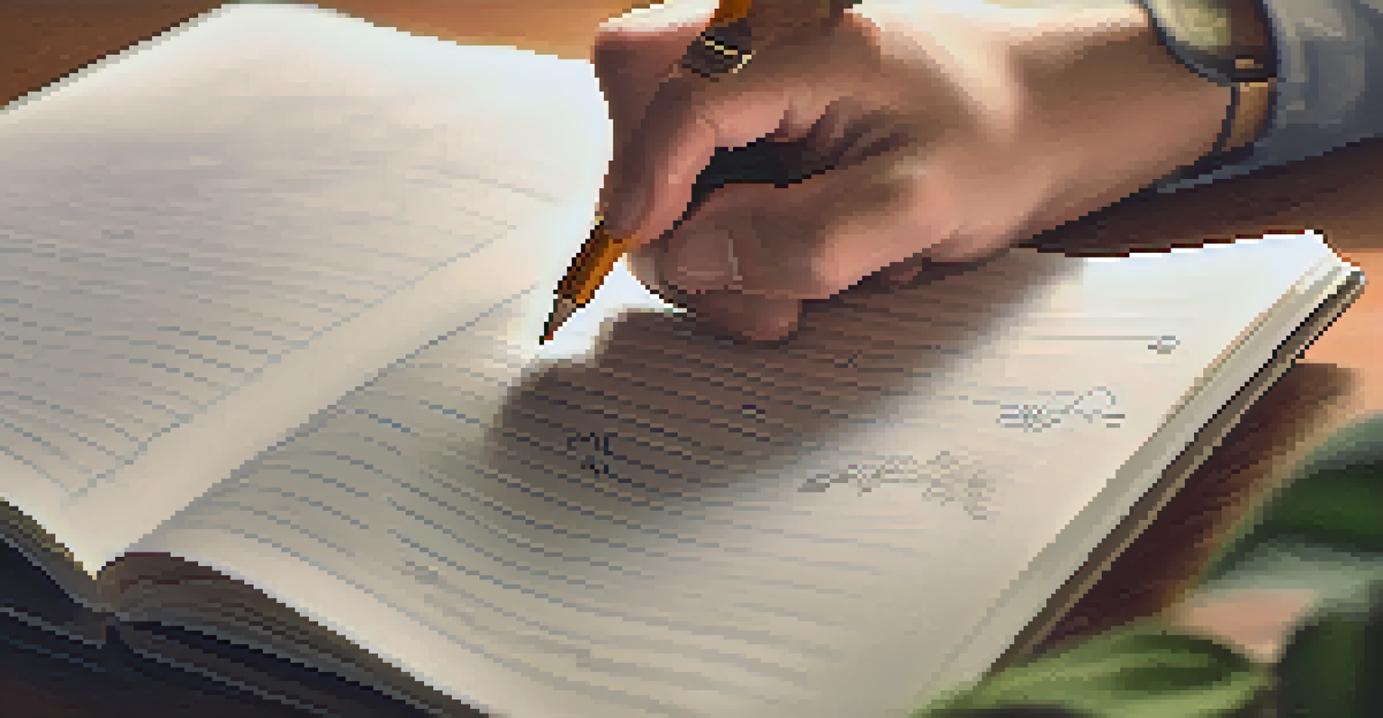 A close-up of a hand writing in a notebook, surrounded by a cozy study atmosphere with plants and soft lighting.