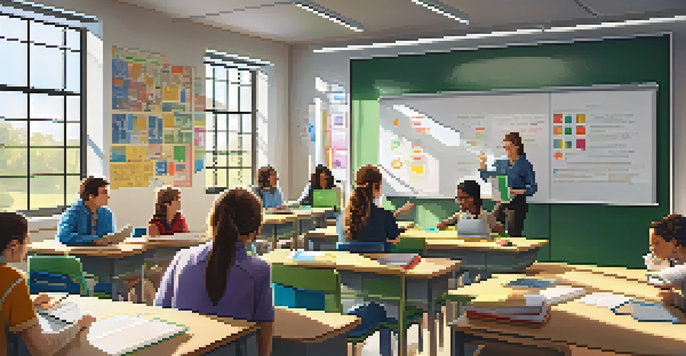 A classroom with students using digital devices and a teacher facilitating a discussion, illuminated by natural light.