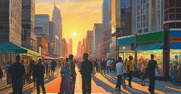 A lively city street during sunset, filled with people and colorful skyscrapers reflecting the light.