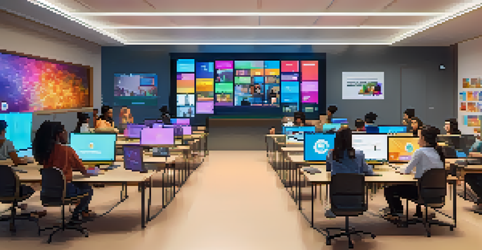 A lively virtual classroom with diverse students participating in an online learning session, colorful screens displaying discussions.