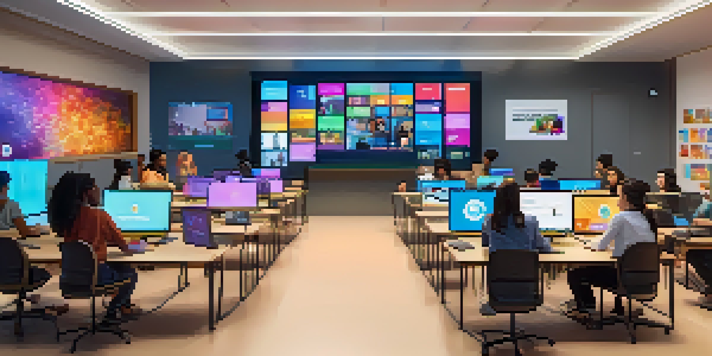 A lively virtual classroom with diverse students participating in an online learning session, colorful screens displaying discussions.