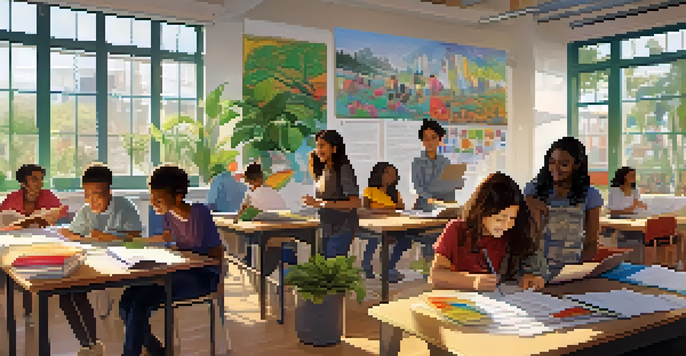 A diverse group of students collaborating in a bright classroom with a teacher guiding them, surrounded by educational materials.