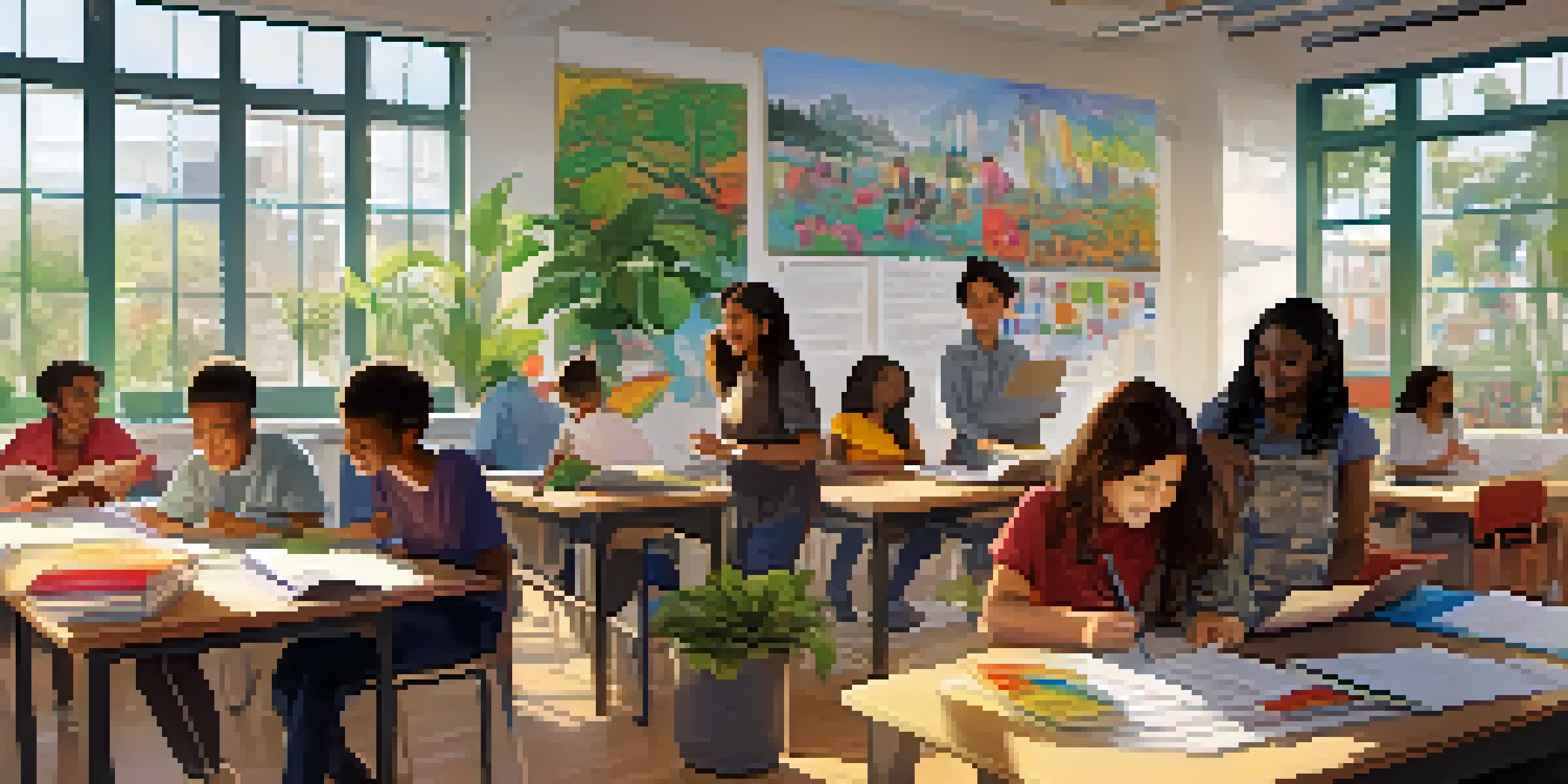 A diverse group of students collaborating in a bright classroom with a teacher guiding them, surrounded by educational materials.